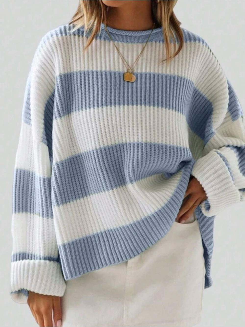 Oversized Blue & White Striped Knit Sweater